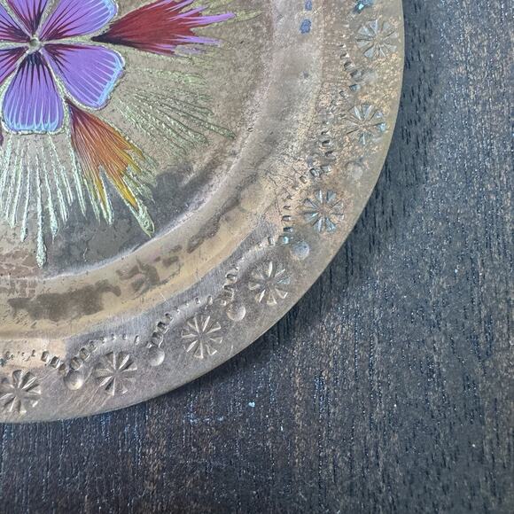 VTG Brass Hand Painted Metal 4" Tray Plate Trinket Dish Artisan Floral Pansy - Picture 7 of 12